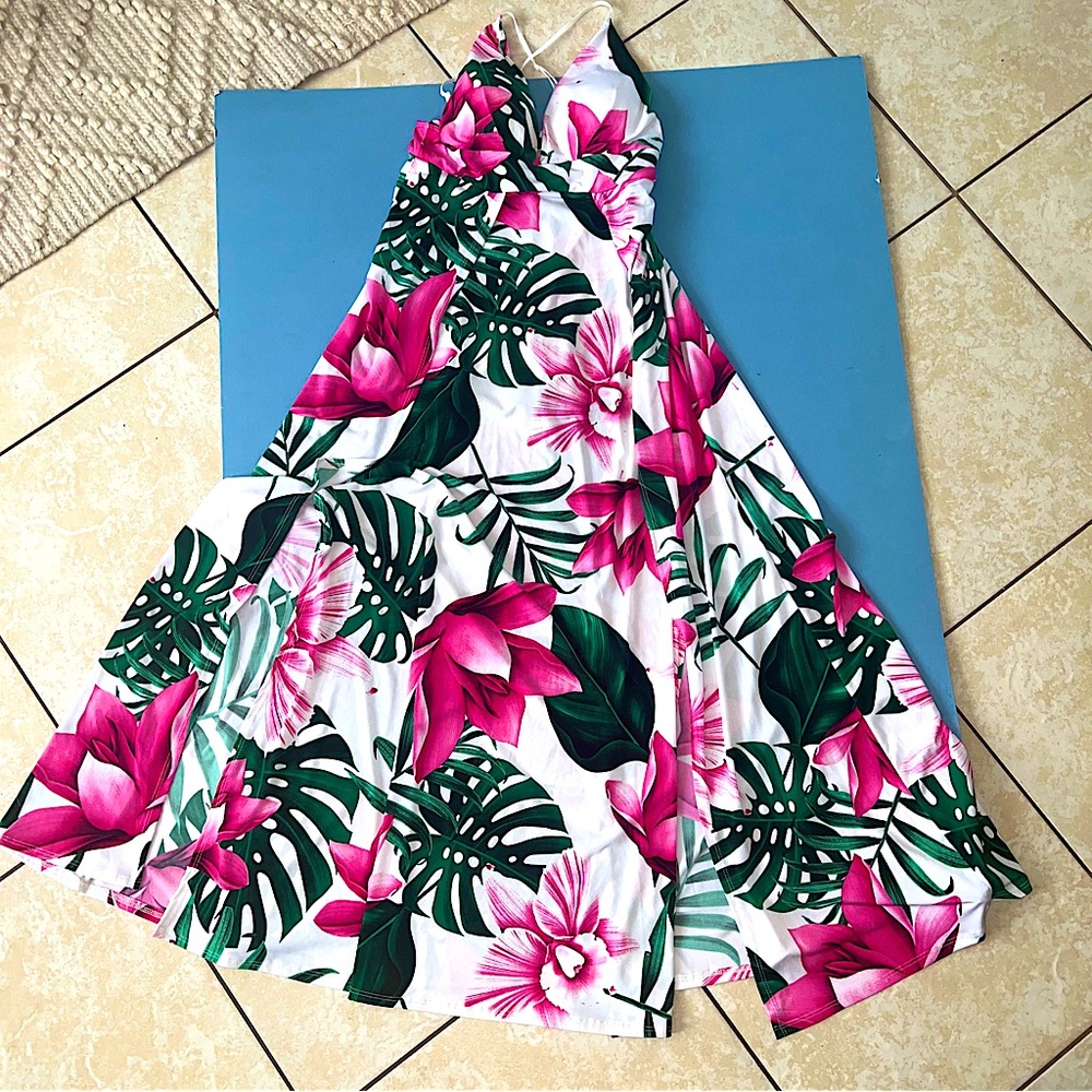 New Boutique resort tankini tropical jumper dress L maxi pink cruise party